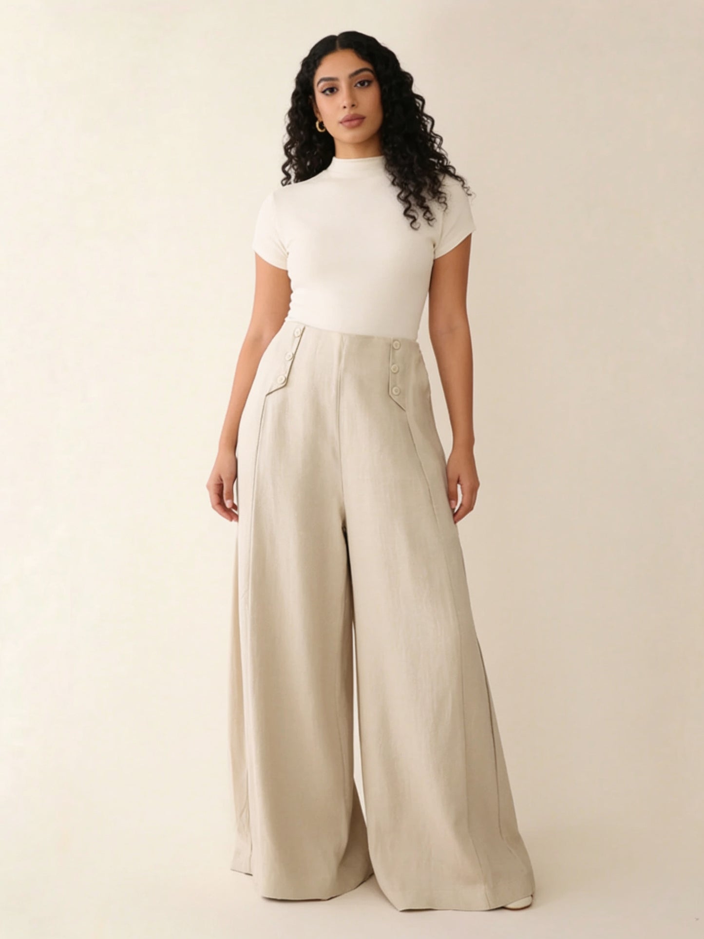 Pantalon Large en Lin à Boutons