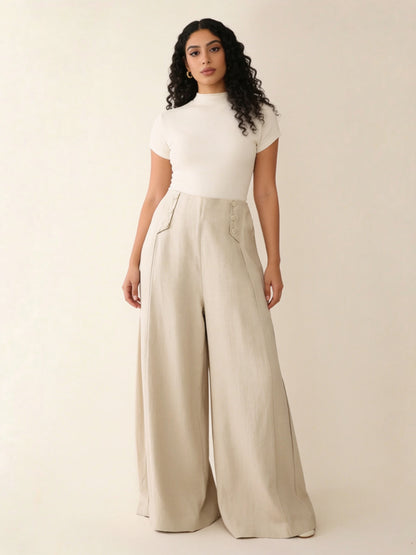 Pantalon Large en Lin à Boutons