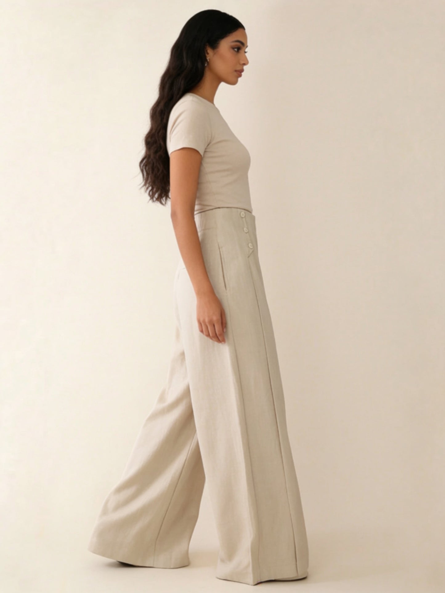 Pantalon Large en Lin à Boutons