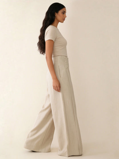 Pantalon Large en Lin à Boutons